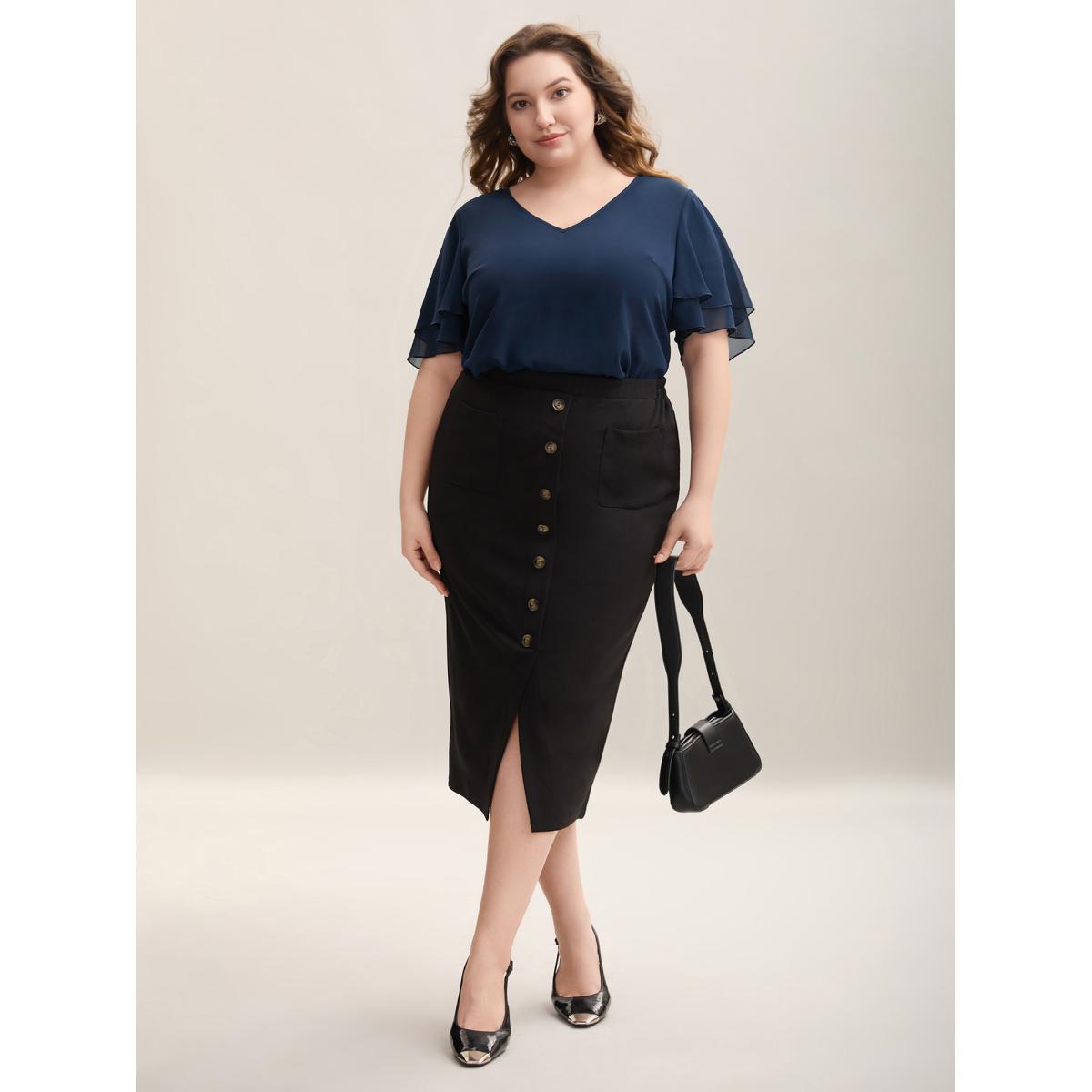 Plus Size Indigo Chiffon Layered Sleeve Solid Blouse Women At the Office Short sleeve V-neck Work Blouses BloomChic 30/6X Product Image