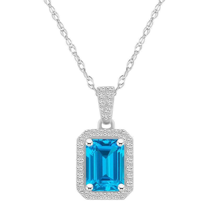 Celebration Gems 10k White Gold Emerald Cut Gemstone & Lab-Created White Sapphire Halo Pendant Necklace, Women's, Size: 18", Created Blue Product Image