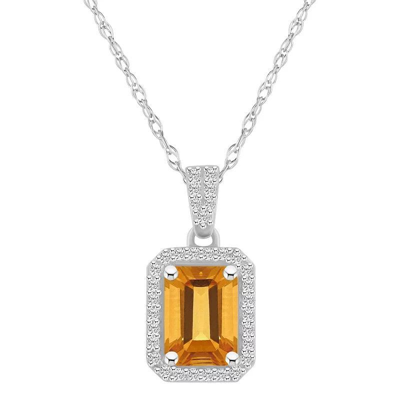 Celebration Gems 10k White Gold Emerald Cut Gemstone & Lab-Created White Sapphire Halo Pendant Necklace, Women's, Size: 18", Citrine Product Image
