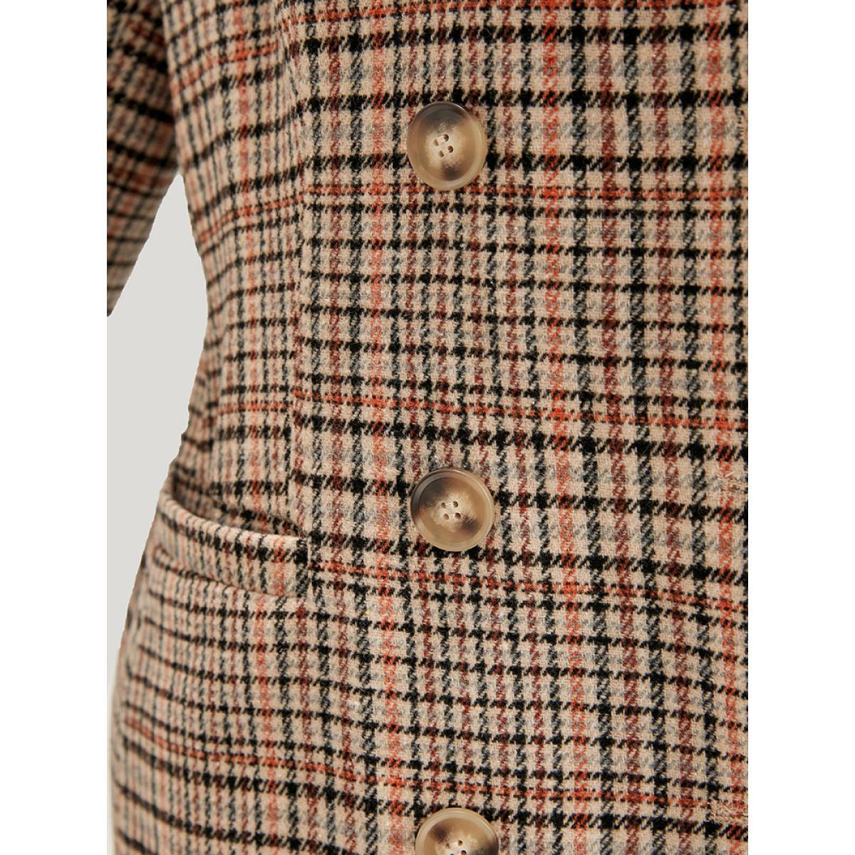 Plus Size Tartan Suit Collar Button Up Pocket Blazer LightBrown Women Work Plaid Button Sleeve Long Sleeve Lapel Collar 12/L Pocket Office Blazers BloomChic Product Image
