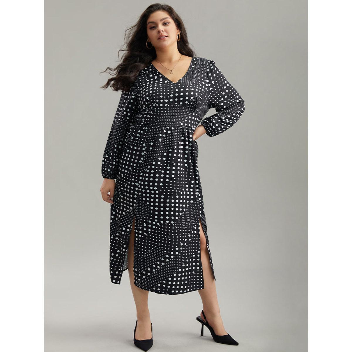 Plus Size Polka Dot Elastic Waist Split Hem Dress Black Women At the Office Pleated V-neck Long Sleeve Curvy Midi Dress BloomChic 28/5X Product Image