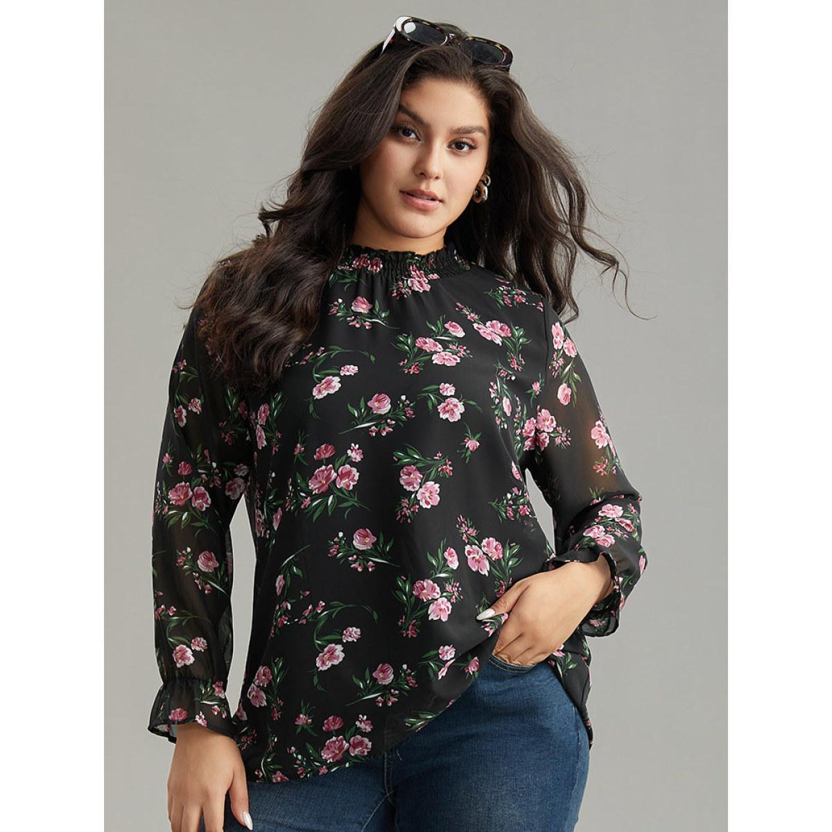 Plus Size Black Chiffon Floral Frill Trim Mesh Patchwork Blouse Women Elegant Long Sleeve Round Neck Dailywear Blouses BloomChic 12/L Product Image