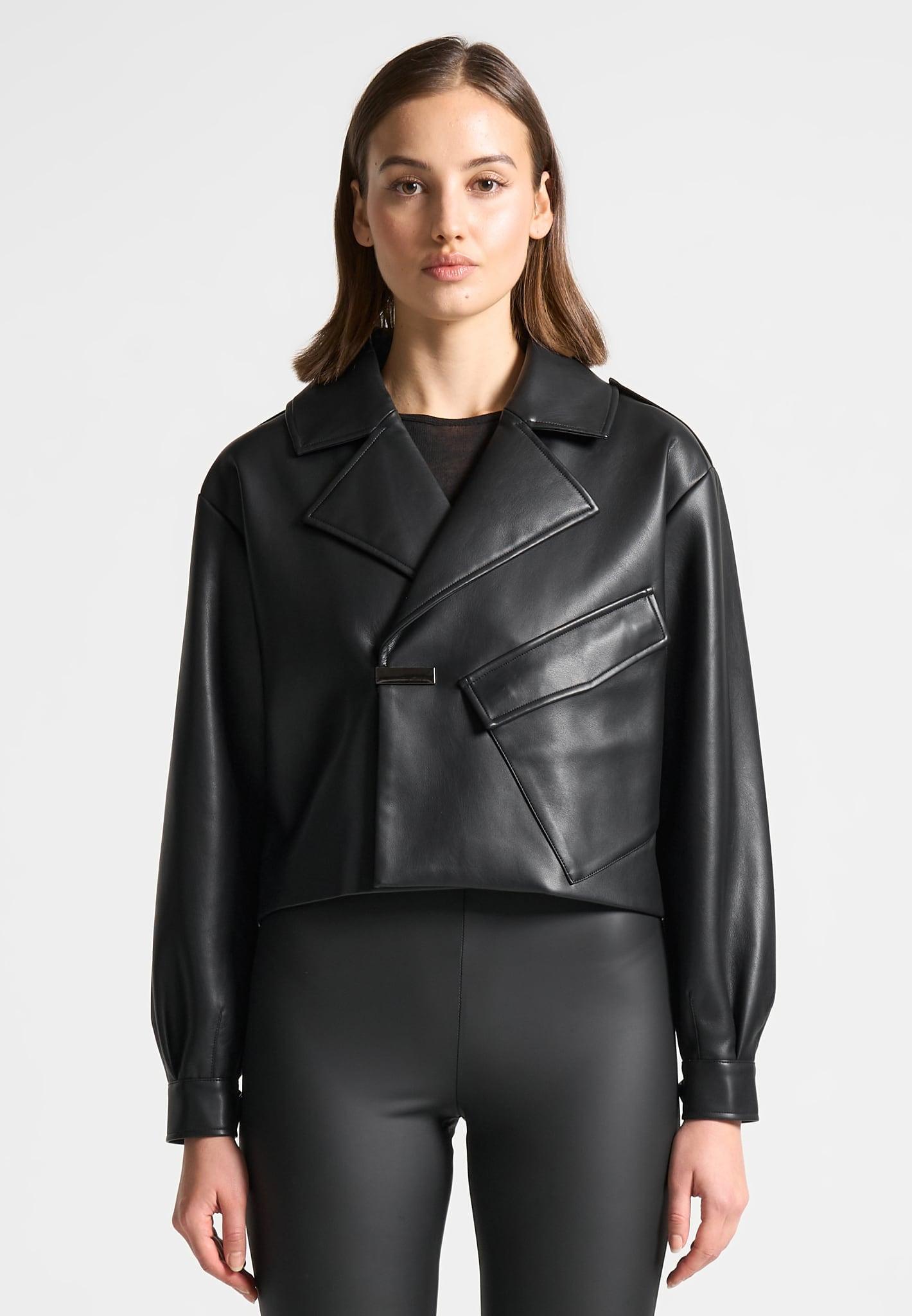 Double Breasted Leather Biker Jacket - Black Female Product Image