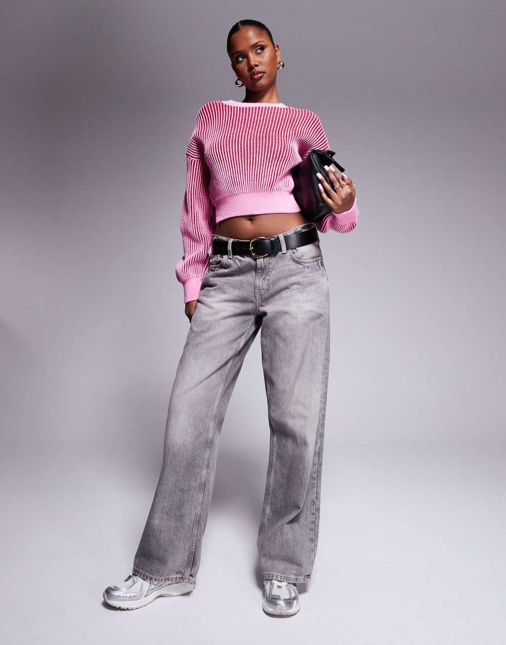 ASOS DESIGN knit crew neck plated sweater with ribbed hem detail in pink Product Image