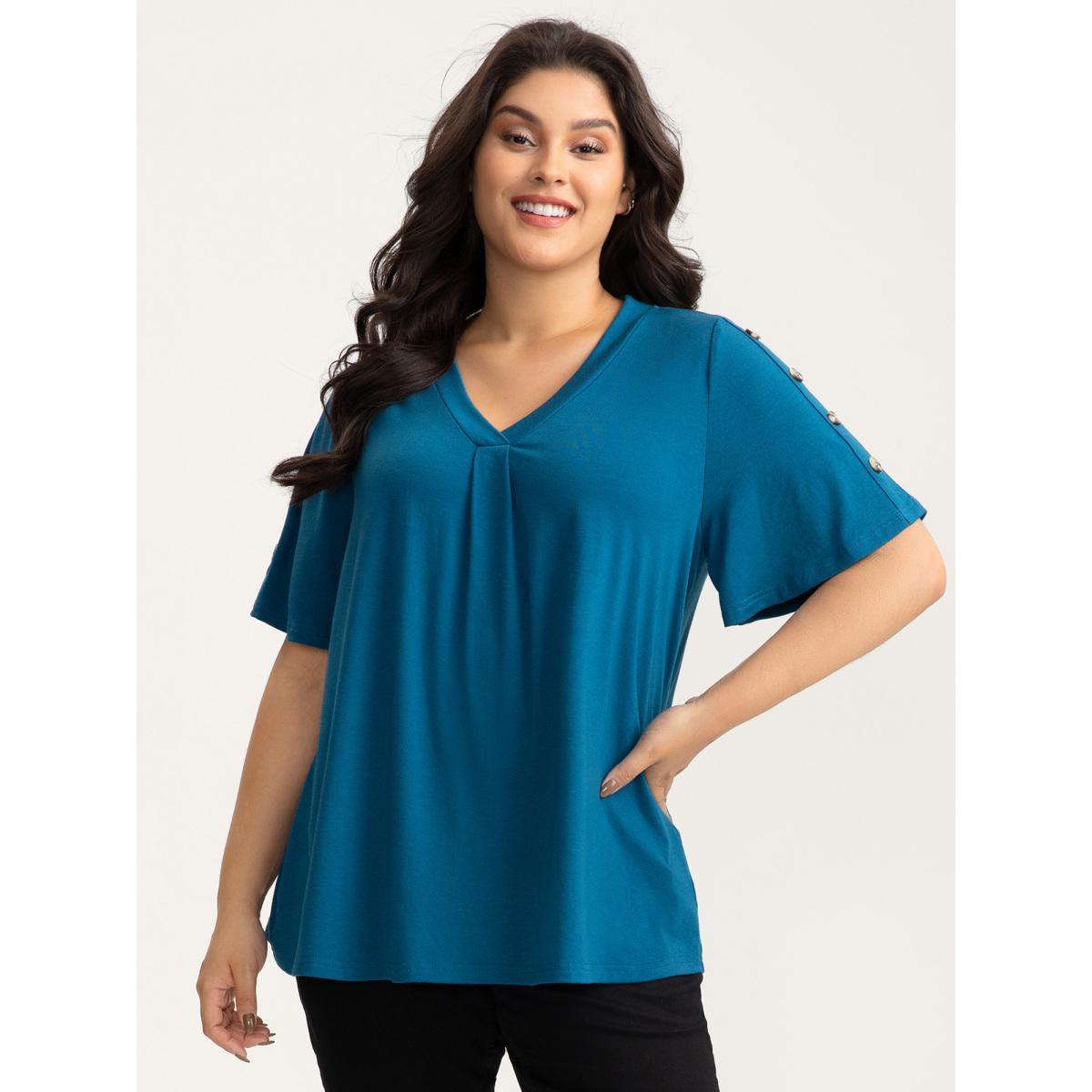 Plus Size Supersoft Bust-Friendly Pleated T-Shirt Aegean Women Button V-neck Everyday-Casual T-shirts BloomChic 22-24/3X Product Image
