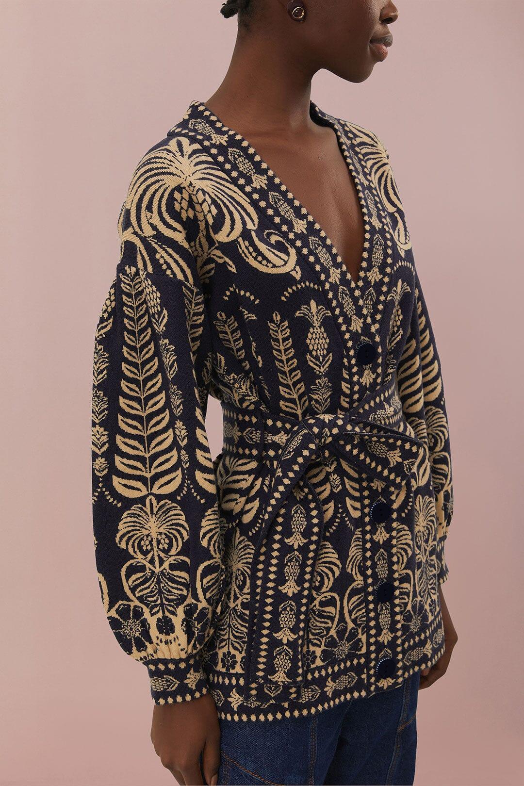 Navy Blue Ainika Tropical Splendor Knit Cardigan, AINIKA TROPICAL SPLENDOR BLUE / M Product Image
