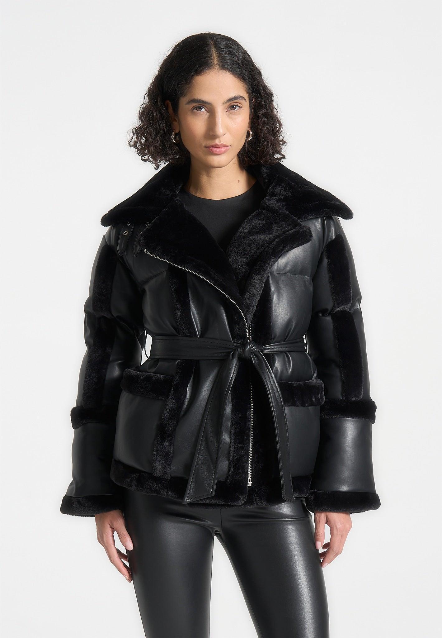 Leather and Plush Puffer Biker Jacket - Black Female Product Image