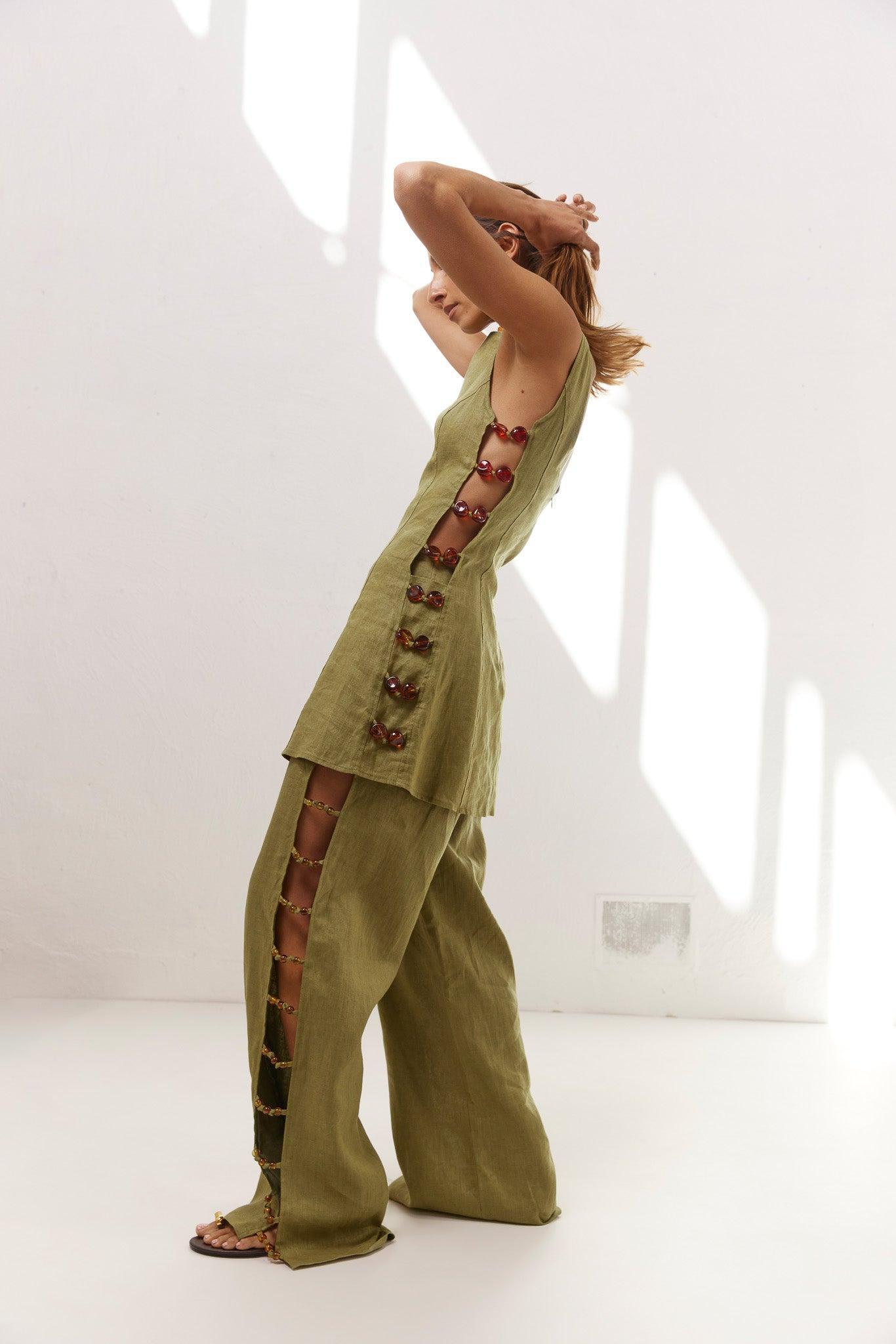 Tia Linen Mini Dress Olive Product Image