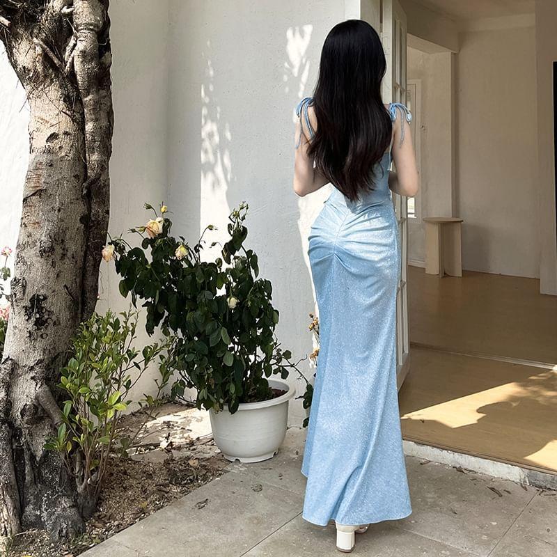 Sleeveless Glitter Ruched Slim-Fit Maxi Bodycon Dress Product Image
