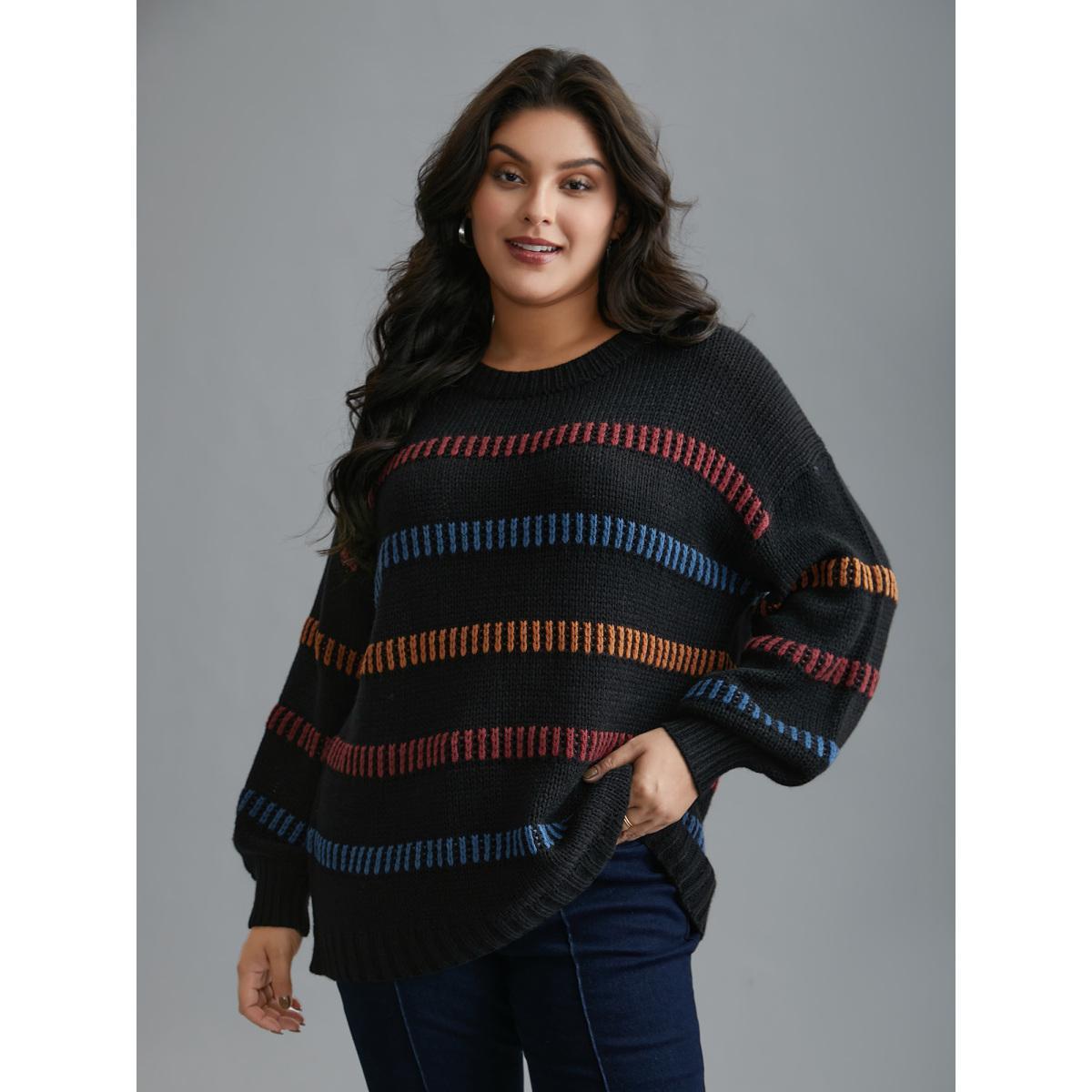 Plus Size Multi-Color Stripes Textured Crew Neck Pullover Black Women Casual Loose Long Sleeve Round Neck Everyday Pullovers BloomChic 18-20/2X Product Image