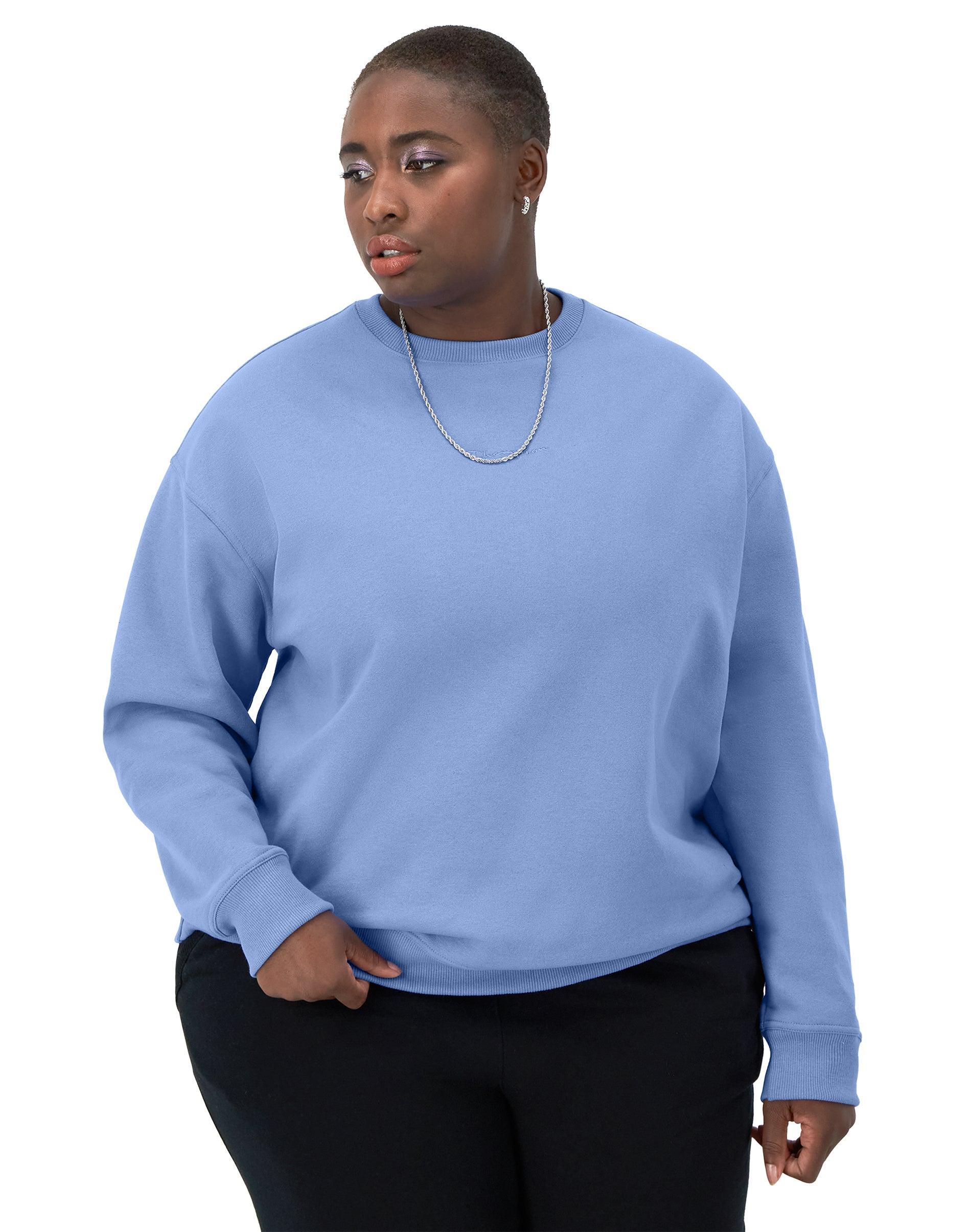 Womens Champion Powerblend Crewneck Sweatshirt, Embroidered Script Logo (Plus Size) Plaster Blue 1X Product Image