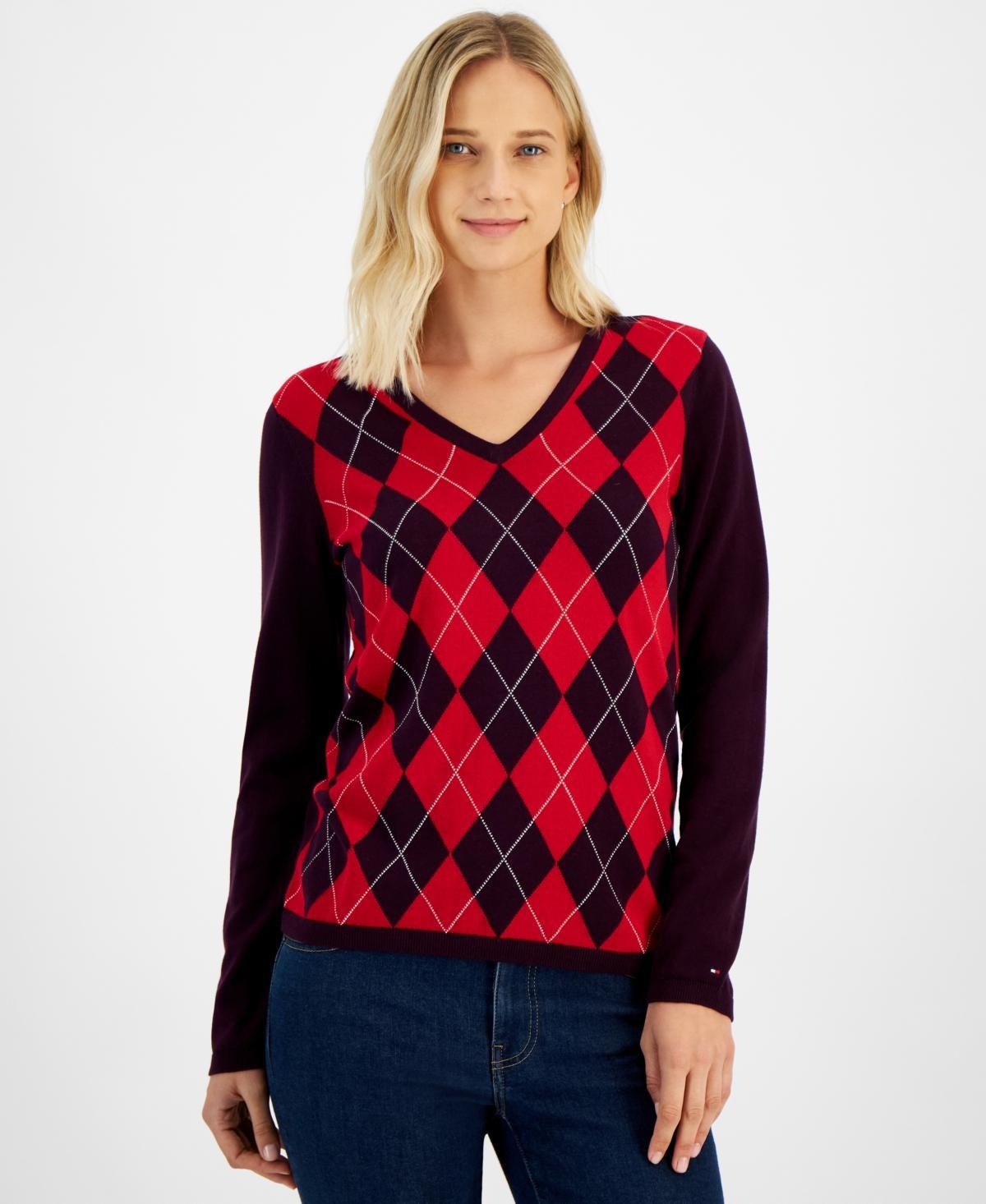Tommy Hilfiger Womens Cotton Argyle V-Neck Sweater Product Image