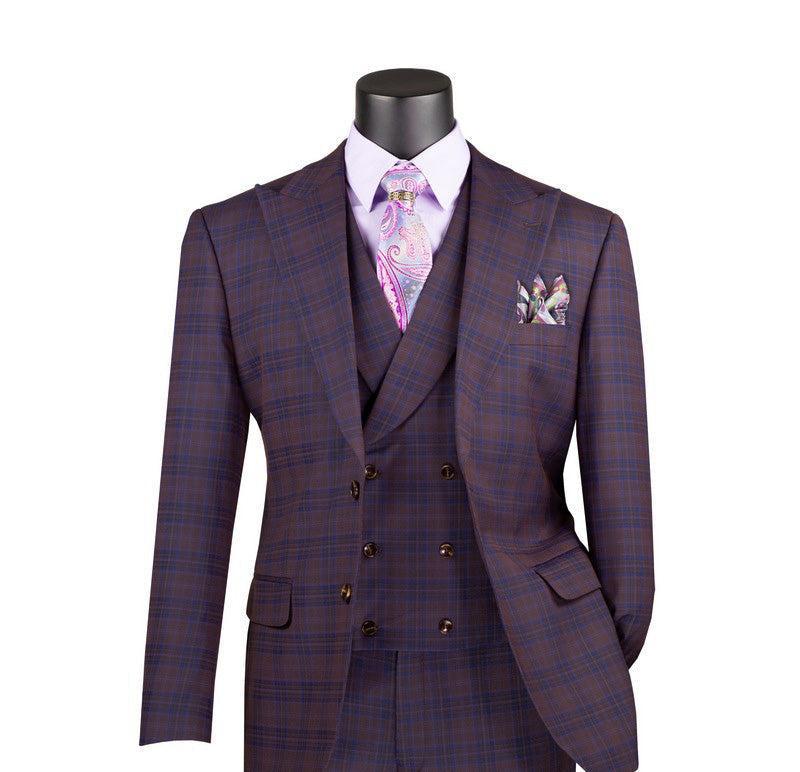 Purple Modern Fit Windowpane Peak Lapel 3 Piece Suit Product Image