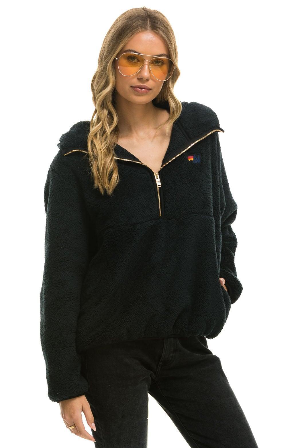 TEDDY UNISEX HOODED HALF ZIP JACKET - BLACK Unisex Product Image