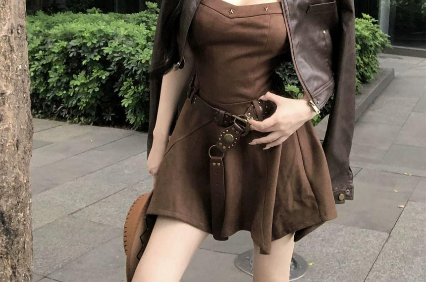 Set: Collared Faux Leather Crop Zip-Up Jacket + Spaghetti Strap Asymmetrical Mini A-Line Dress Product Image