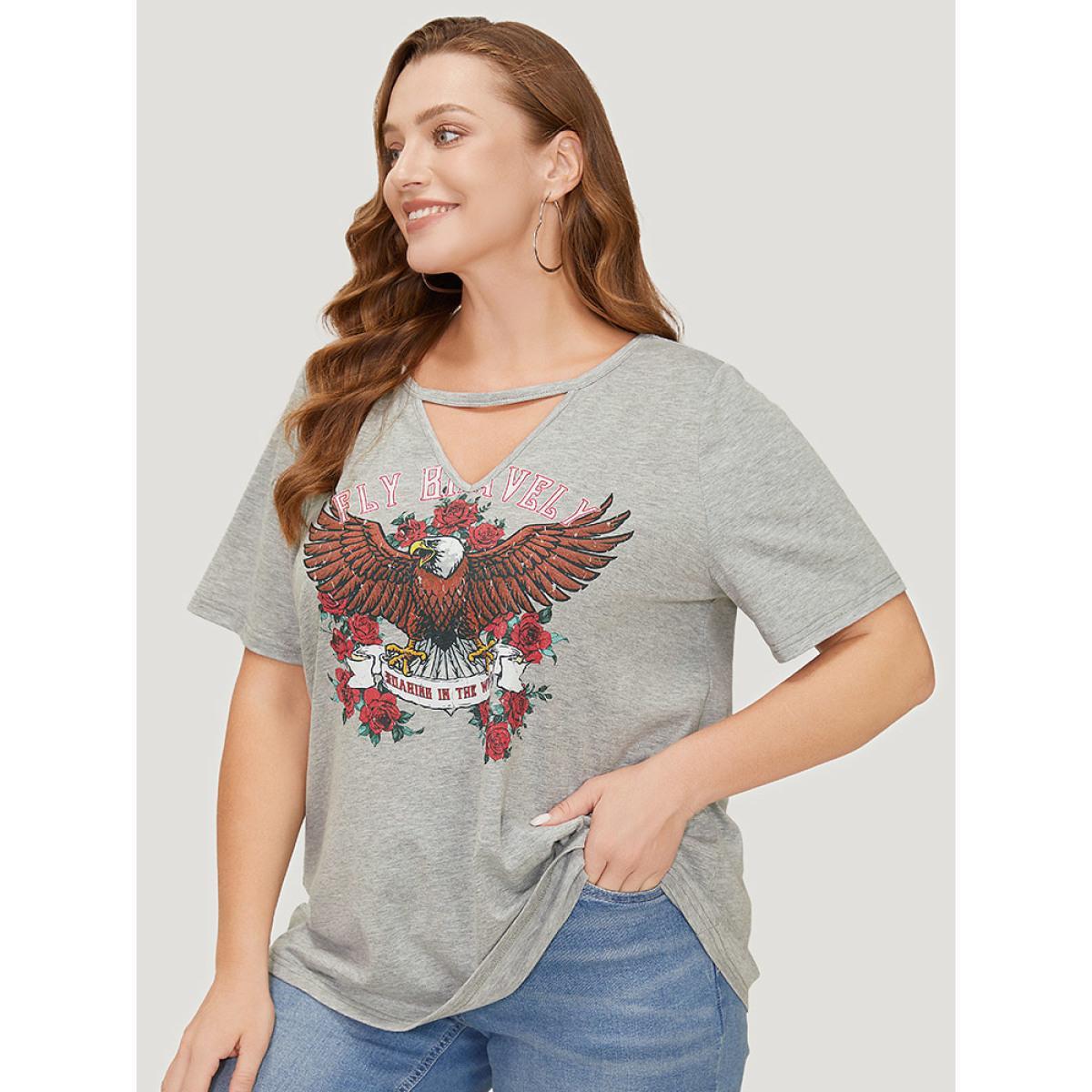Plus Size Eagle & Floral Print Keyhole Neck T-shirt Gray Women Casual Keyhole Western Dailywear T-shirts BloomChic 30/6X Product Image