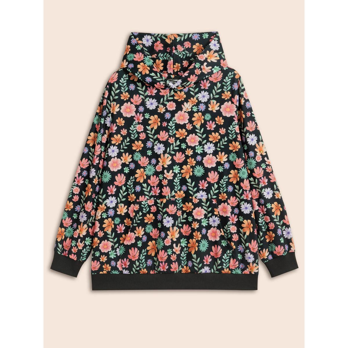 Plus Size Floral Patchwork Pocket Hooded Sweatshirt Women Multicolor Casual Contrast Hooded Everyday Sweatshirts BloomChic 28/5X Product Image