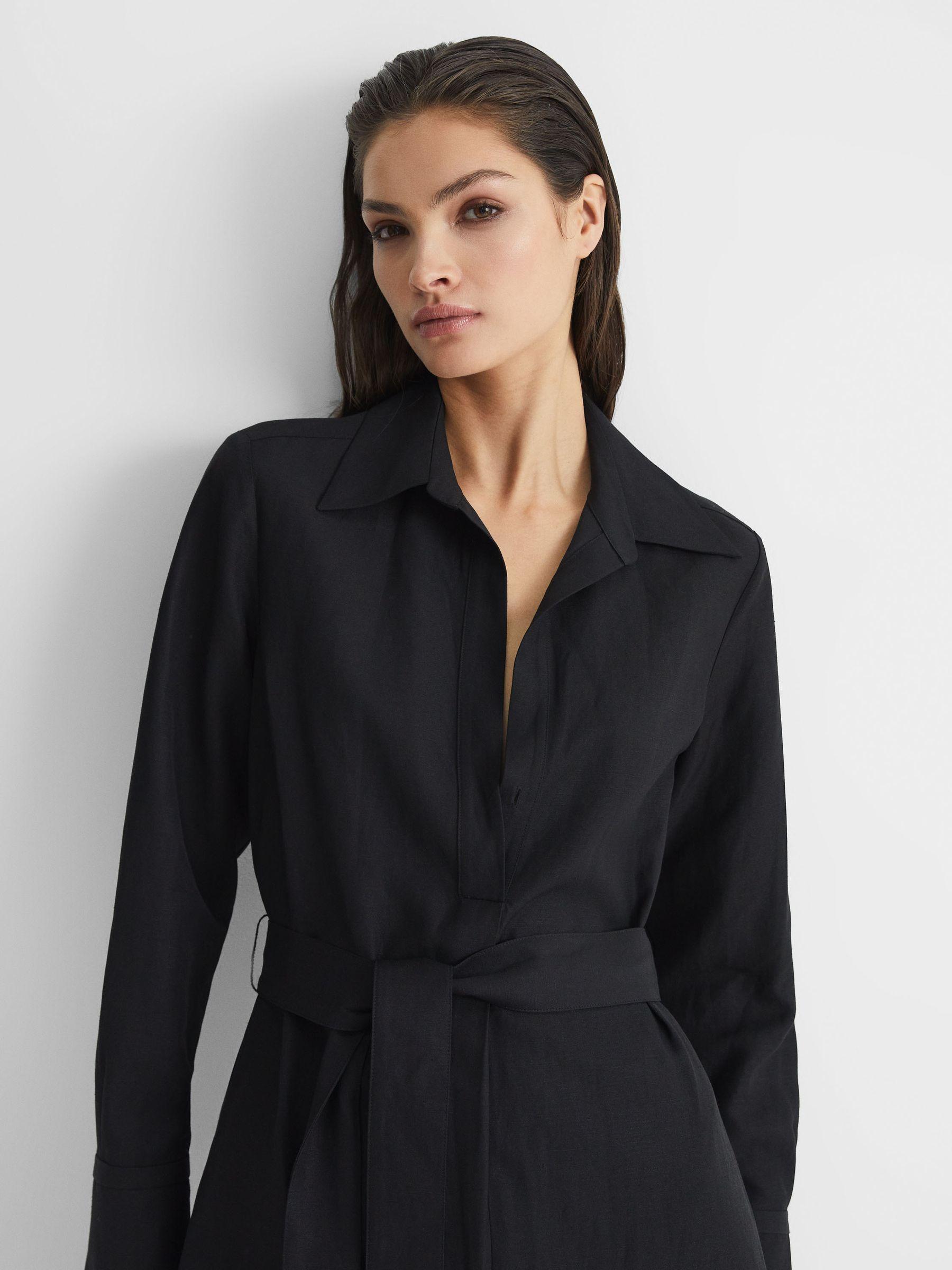 Premium Linen Blend Midi Dress in Black Product Image