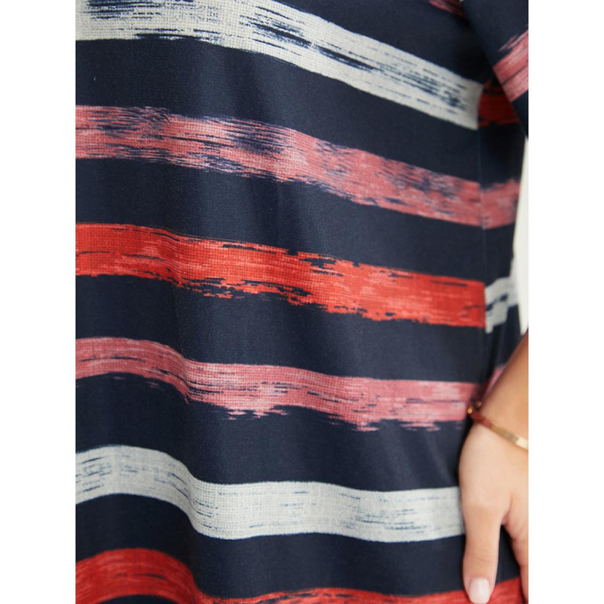 Plus Size Striped Contrast Crisscross Neck T-shirt Midnight Women Casual Striped V-neck Dailywear T-shirts BloomChic 28/5X Product Image