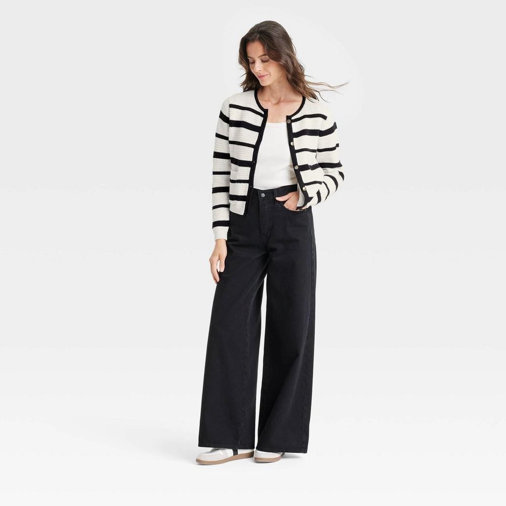 Womens Button-Front Cardigan - Universal Thread Cream/Black Striped XL: Cotton Blend, Textured Stitching, Ribbed Cuffs Product Image