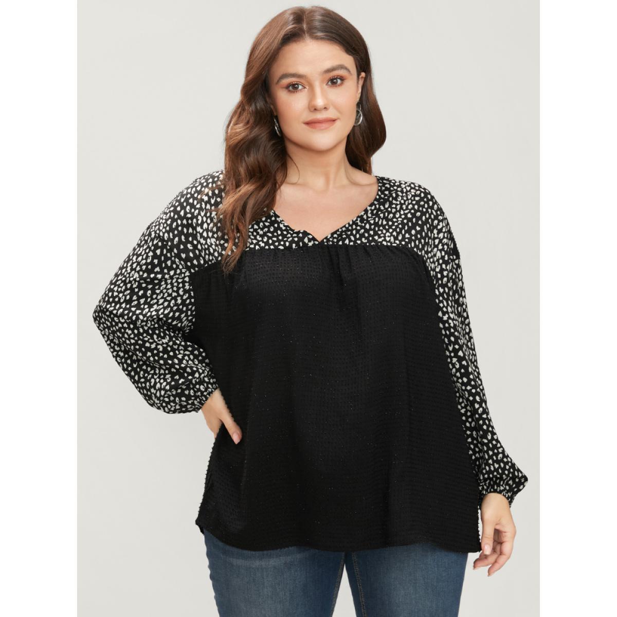 Plus Size Black Leopard Patchwork Raglan Sleeve V Neck Blouse Women Elegant Long Sleeve V-neck Dailywear Blouses BloomChic 18-20/2X Product Image