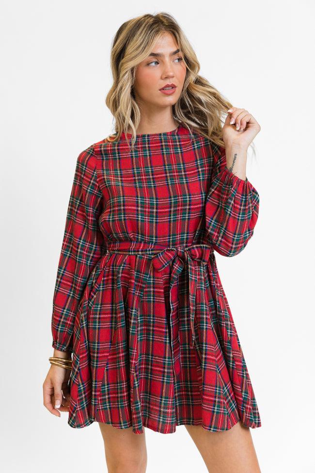 Snowball Effect Red Plaid Tie Belt Mini Dress FINAL SALE Product Image