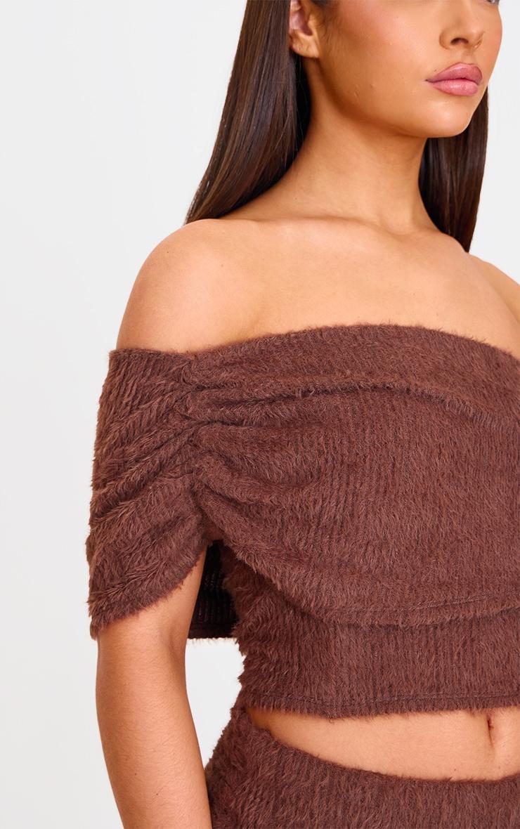 Chocolate Fluffy Textured One Shoulder Top Product Image