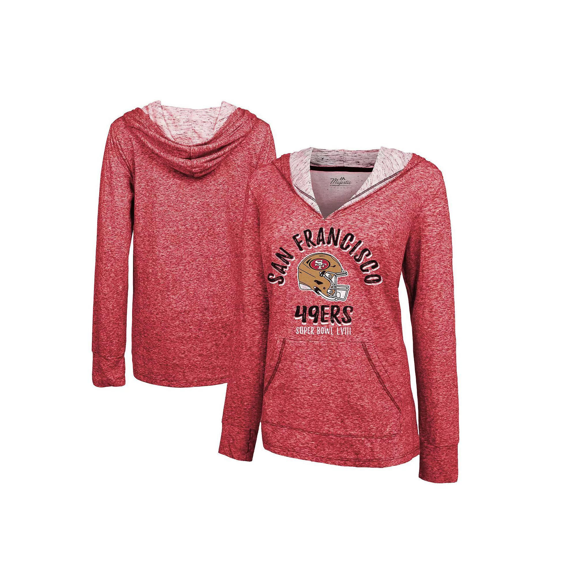 Women's Majestic Threads  Scarlet San Francisco 49ers Super Bowl LVIII Victory Slub V-Neck Pullover Hoodie, Size: 2XL, Red Product Image