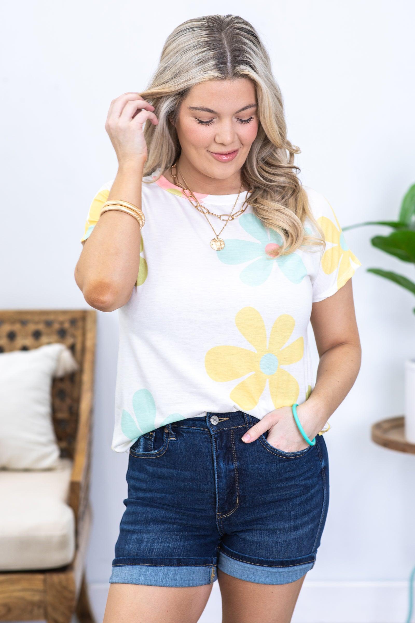 Ivory Floral Crewneck Knit Top Product Image