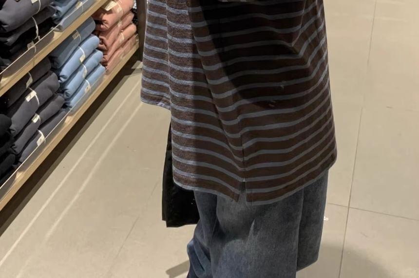 Long Sleeve Crew Neck Striped Oversized T-Shirt Product Image