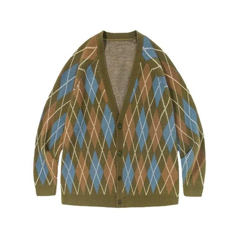 V-Neck Argyle Oversized Cardigan Product Image