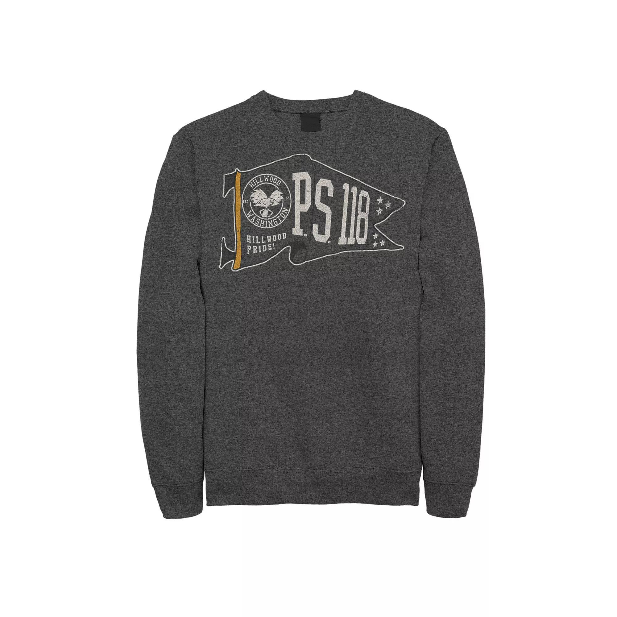 Men's Nickelodeon Hey Arnold PS 118 Waving Pennant Graphic Fleece Pullover, Size: XXL, Grey Heather Product Image