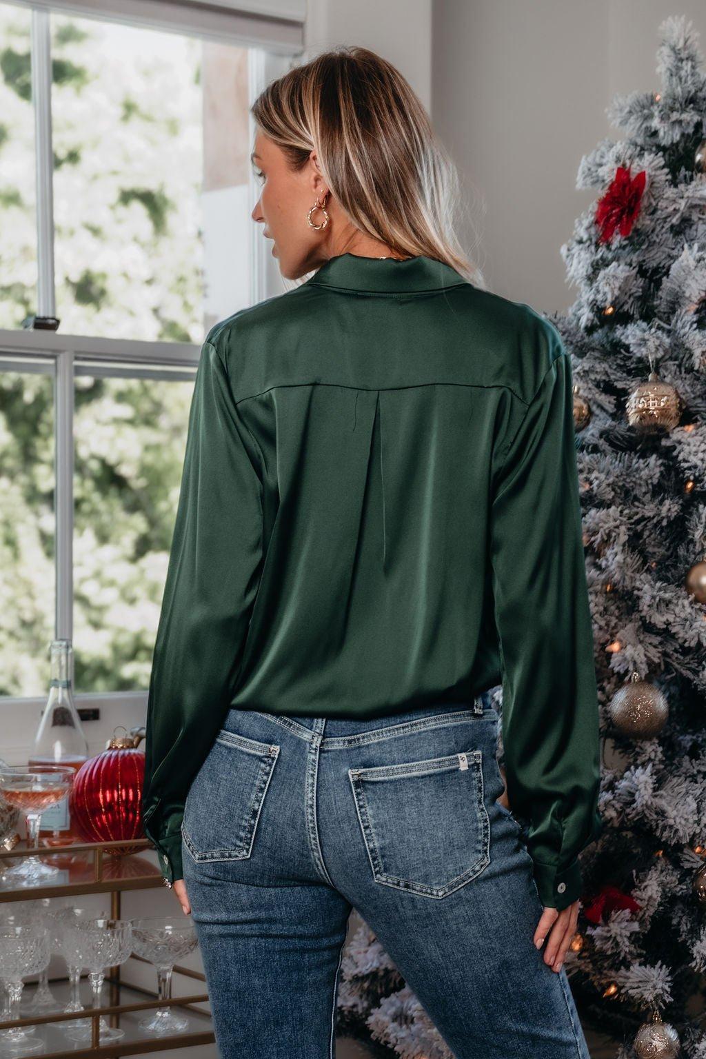 Green Satin Button Up Bodysuit - FINAL SALE Product Image