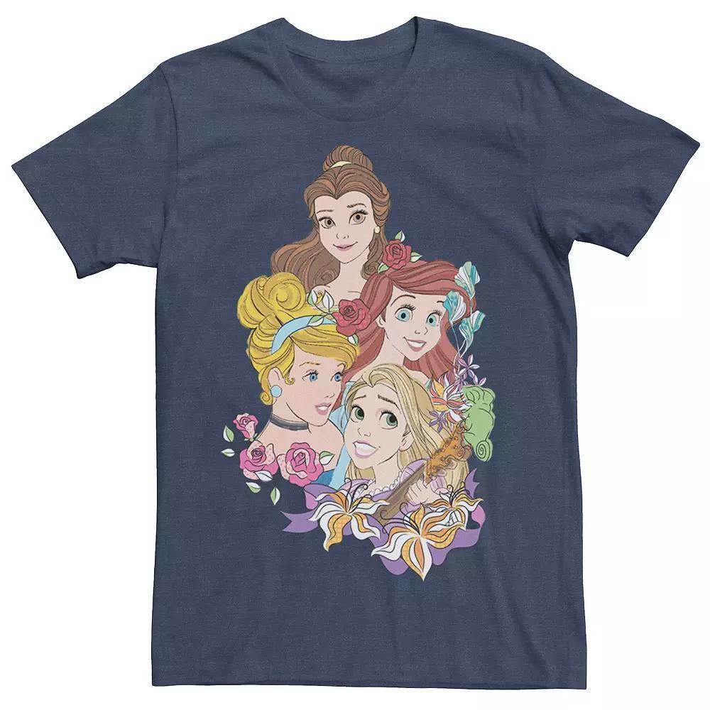 Men's Disney Princesses Floral Belle Cinderella Ariel Rapunzel Tee, Size: XL, Blue Hthr Product Image