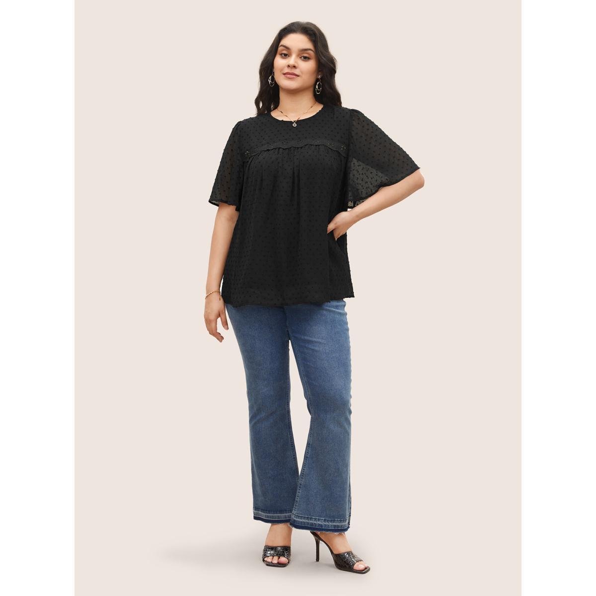 Plus Size Black Solid Texture Lace Trim See Through Gathered Blouse Women Elegant Short sleeve Round Neck Everyday Blouses BloomChic 30/6X Product Image