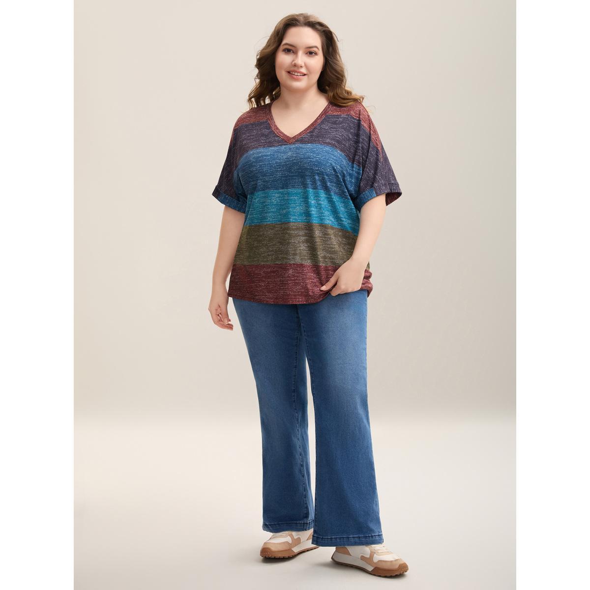 Plus Size Multi-Color Summer Stripes T-Shirt Multicolor Women Casual Contrast V-neck Everyday-Casual T-shirts BloomChic 10/M Product Image