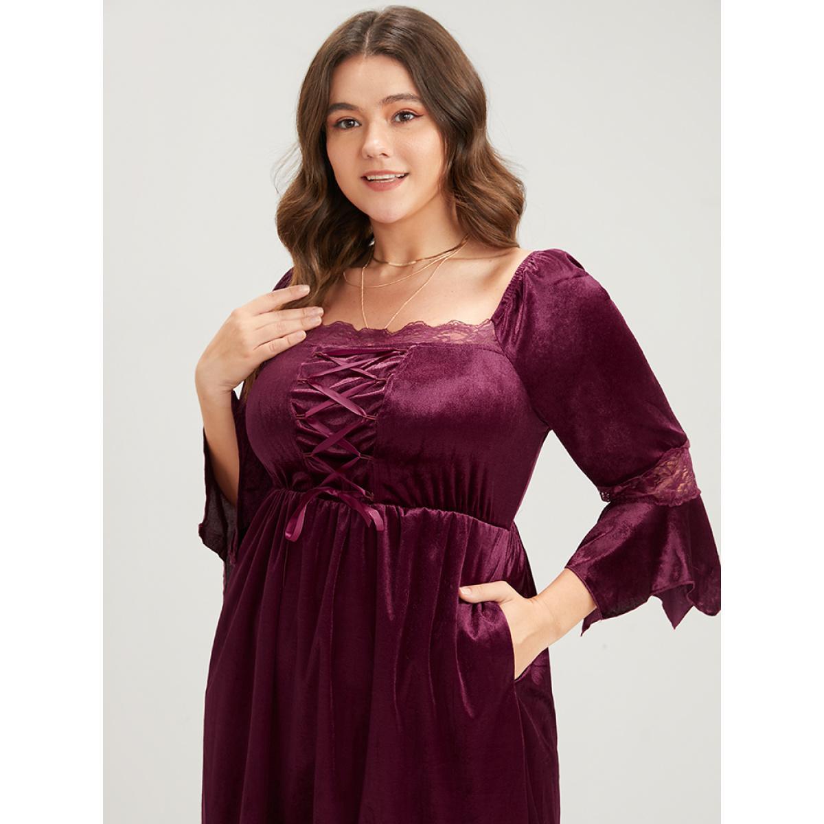 Plus Size Halloween Solid Velvet Bell Sleeve Pocket Contrast Lace Ties Midi Dress Burgundy Women Party Ribbon Square Neck Elbow-length sleeve Curvy Midi Dress BloomChic 10/M Product Image