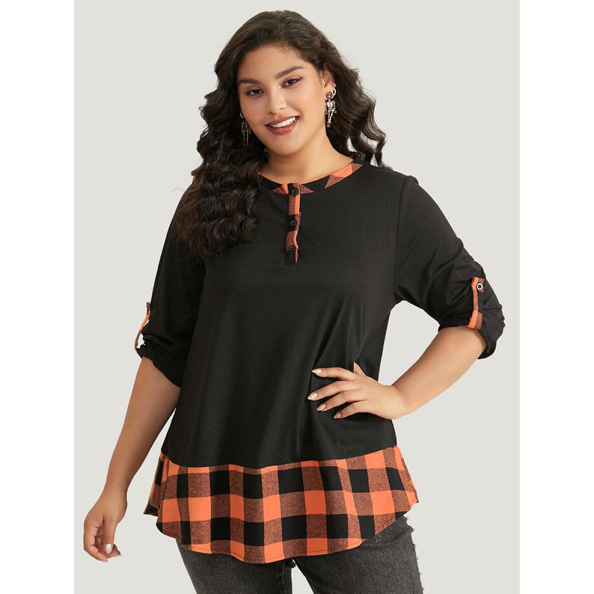 Plus Size Halloween Gingham Patchwork Notched Button Up Arc Hem T-shirt Black Women Casual Contrast Plaid Round Neck Festival-Halloween T-shirts BloomChic 28/5X Product Image