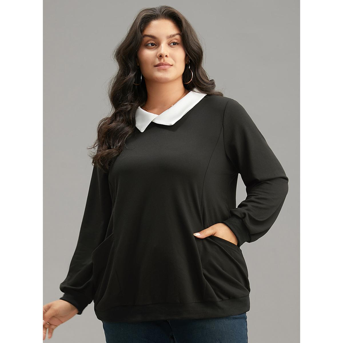 Plus Size Halloween Contrast Shirt Collar Patched Pocket Sweatshirt Women Black Casual Contrast Shirt collar Festival-Halloween Sweatshirts BloomChic 12/L Product Image