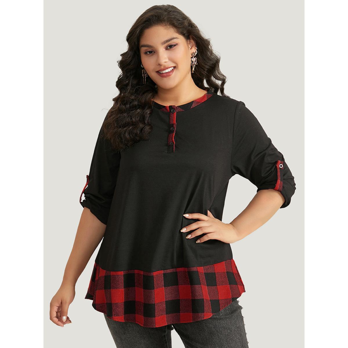 Plus Size Halloween Gingham Patchwork Notched Button Up Arc Hem T-shirt Red Women Casual Contrast Plaid Round Neck Festival-Halloween T-shirts BloomChic 30/6X Product Image