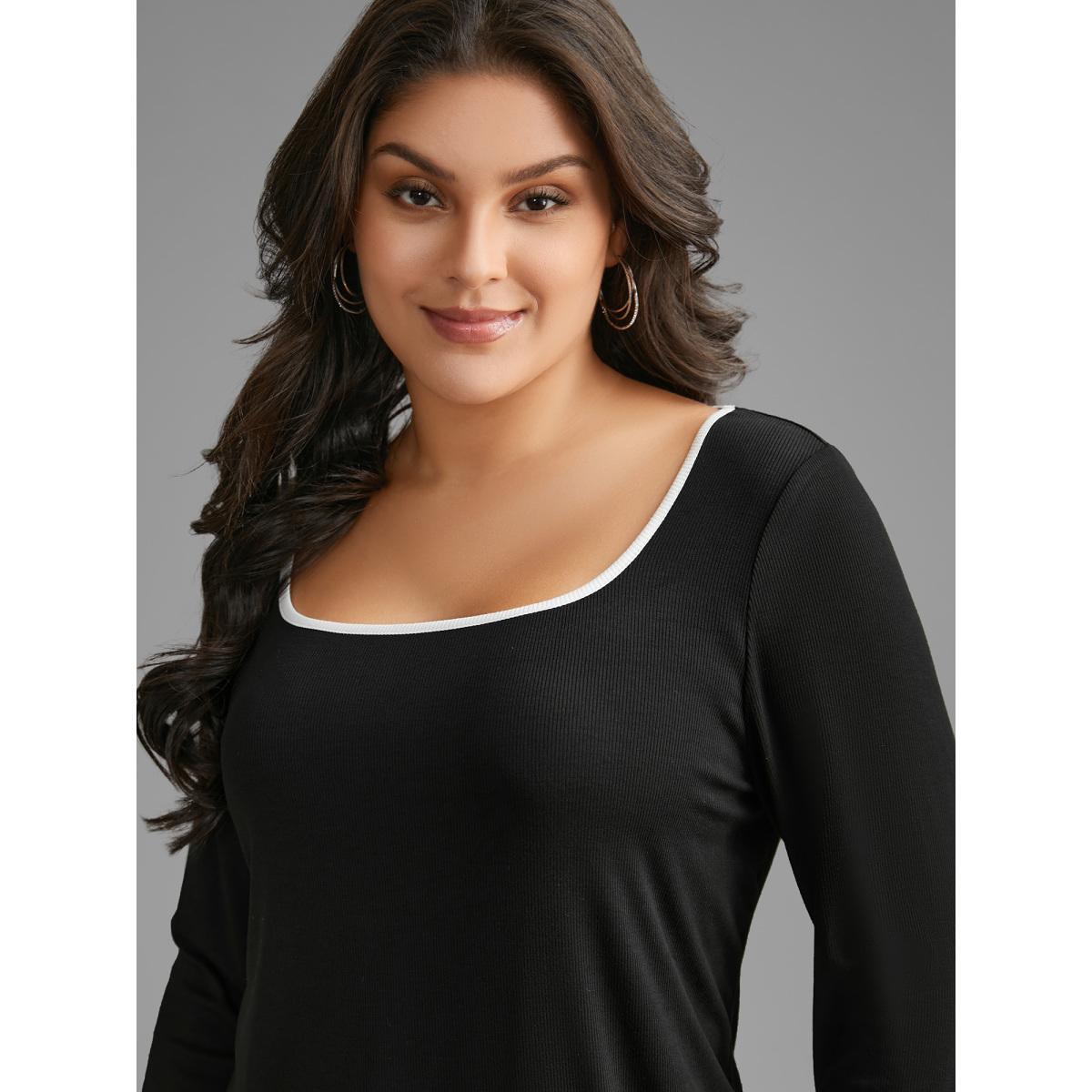 Plus Size Square Neck Contrast Trim T-shirt Black Women Casual Texture Square Neck Bodycon Everyday T-shirts BloomChic 14-16/1X Product Image