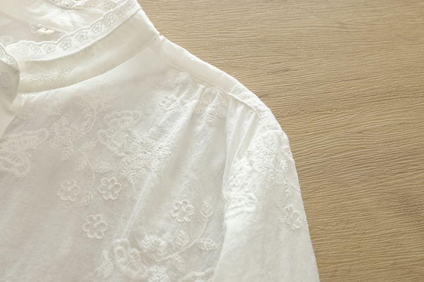 Long Sleeve Band Collar Embroidered Shirt Product Image