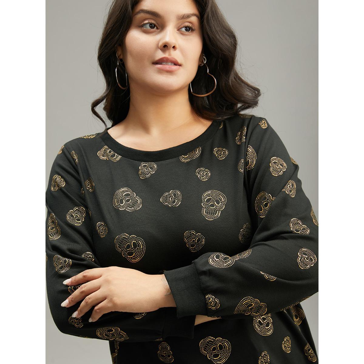 Plus Size Halloween Glitter Skull Print Crew Neck Sweatshirt Women Black Casual Elastic cuffs Round Neck Festival-Halloween Sweatshirts BloomChic 10/M Product Image