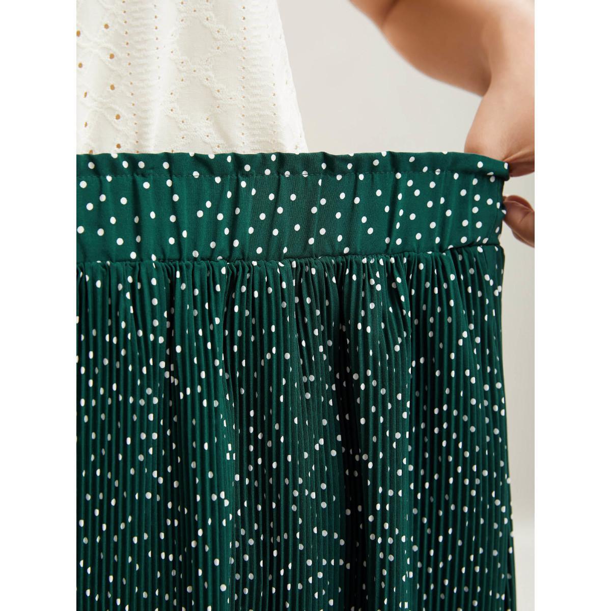 Plus Size Fine Dots Print Smocked Waist Midi Skirt Women DarkGreen Elegant Pleated Bodycon Low stretch Side seam pocket Everyday-Elegant Skirts BloomChic 30/6X Product Image