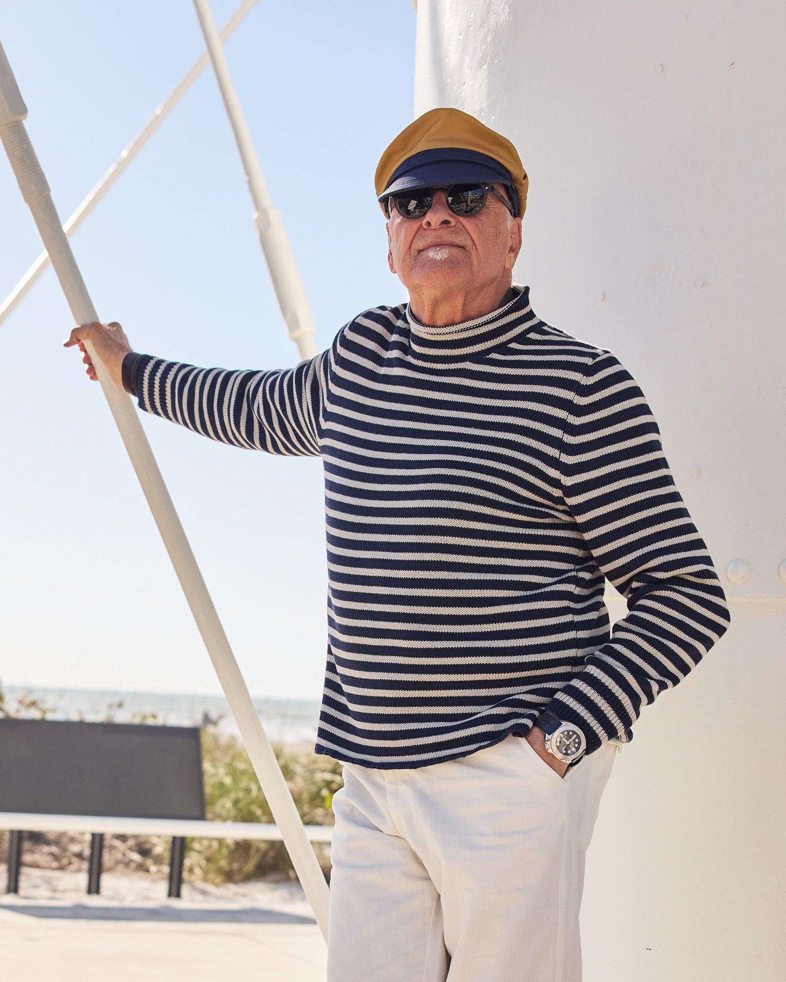 Cotton/Linen Fisherman's Sweater in Navy/Grey Even Stripe Product Image