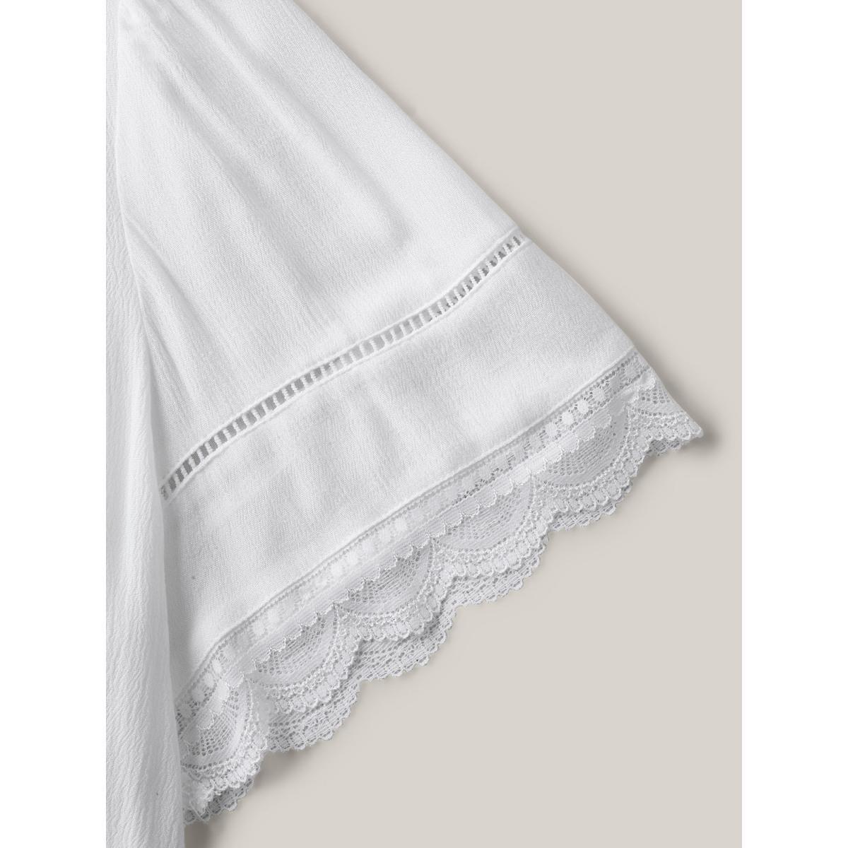 Plus Size WhiteSmoke Rayon Flowy Lace Trim Solid Blouse Women Short sleeve Heart neckline Everyday-Casual Blouses BloomChic 28/5X Product Image