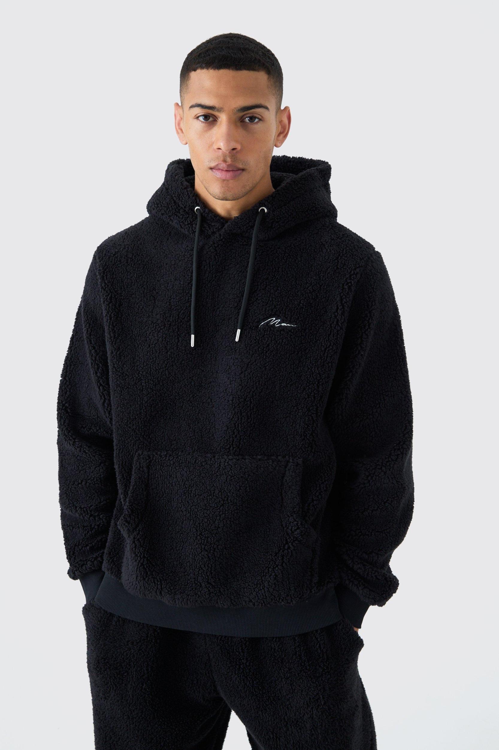 Regular Fit Man Signature Borg Over The Head Hoodie | boohooMAN USA Product Image
