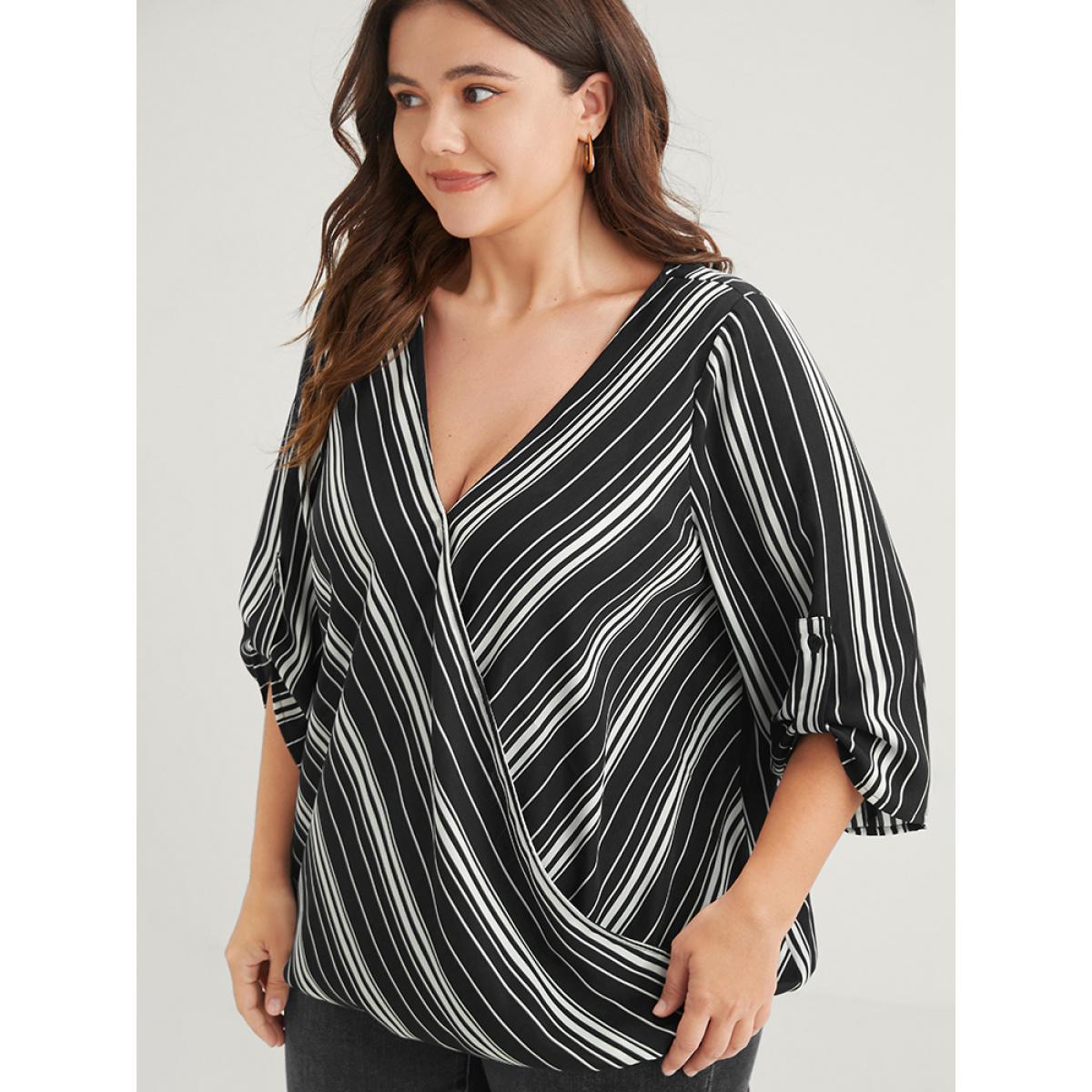 Plus Size Black Striped Button Cuffed Sleeve Wrap Blouse Women Vacation Short sleeve V-neck Dailywear Blouses BloomChic 12/L Product Image