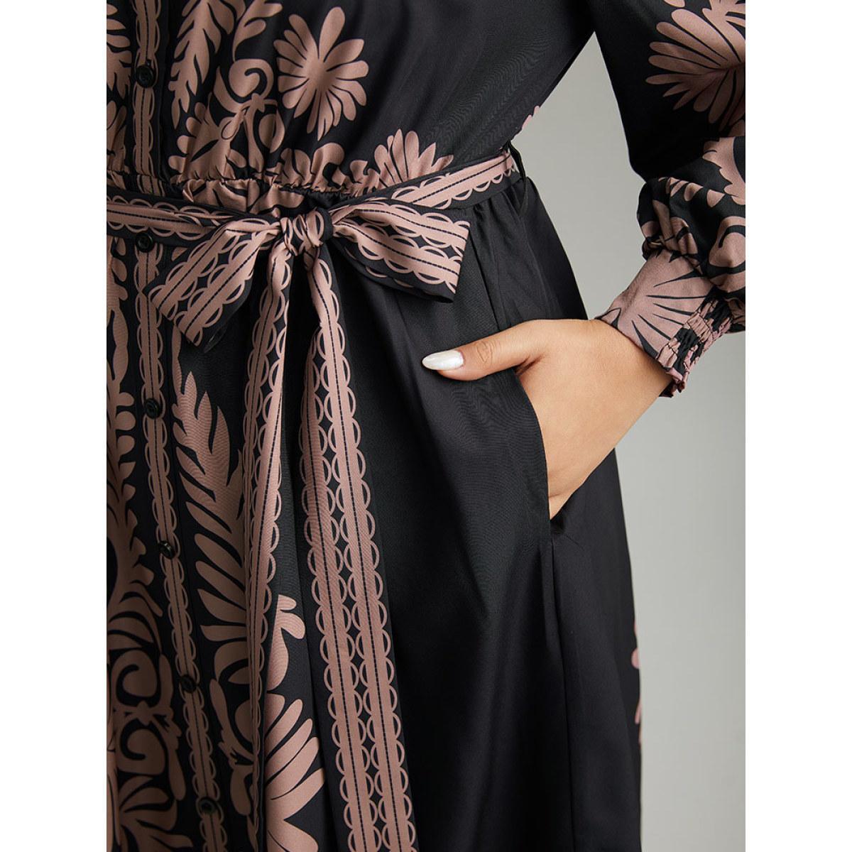 Plus Size Boho Print Shirt Collar Belted Dress Black Women Vacation Belted Shirt collar Long Sleeve Curvy Midi Dress BloomChic 30/6X Product Image