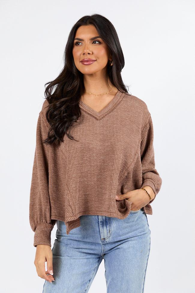 Never Say Never Mocha Ribbed Knit V-Neck Long Sleeve Top FINAL SALE Product Image